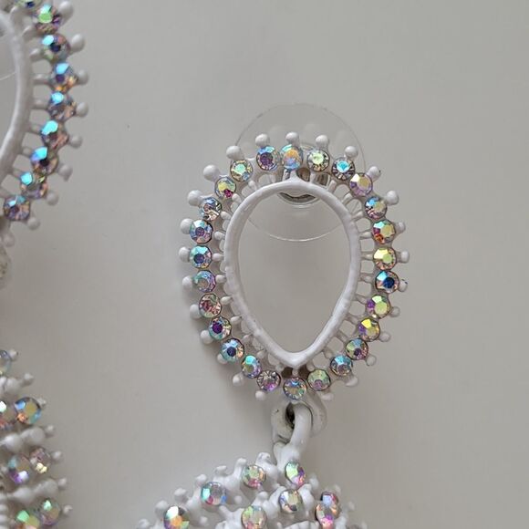 Earrings Double Teardrop White Aurora Borealis Crystal Earrings #0062 - Picture 9 of 13